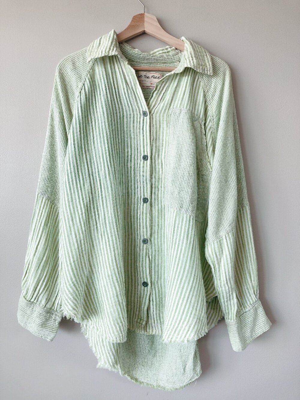 Free People Sage green striped shirt medium oversized top lightweight top - Picture 3 of 15